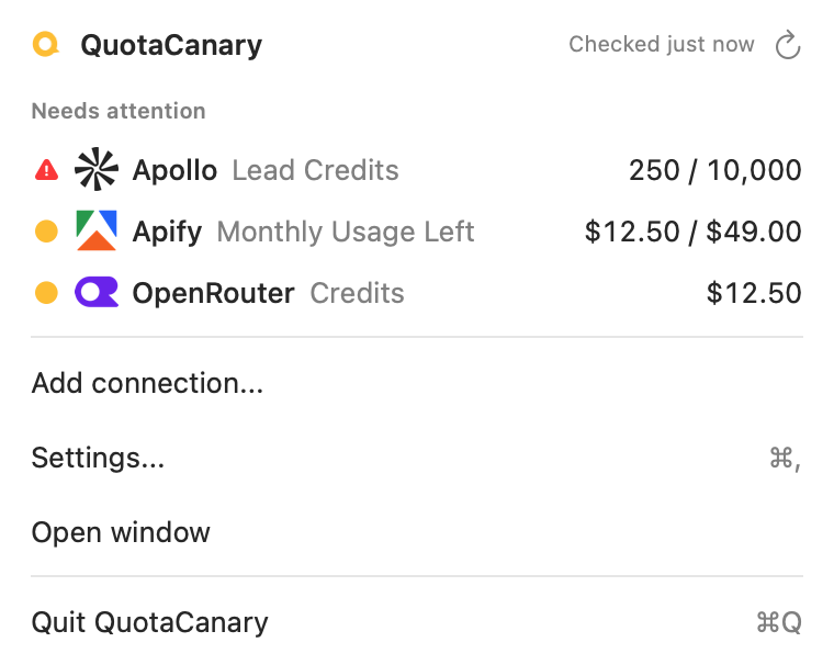 Native QuotaCanary Mac panel, showing sample credit balances and monitoring states.