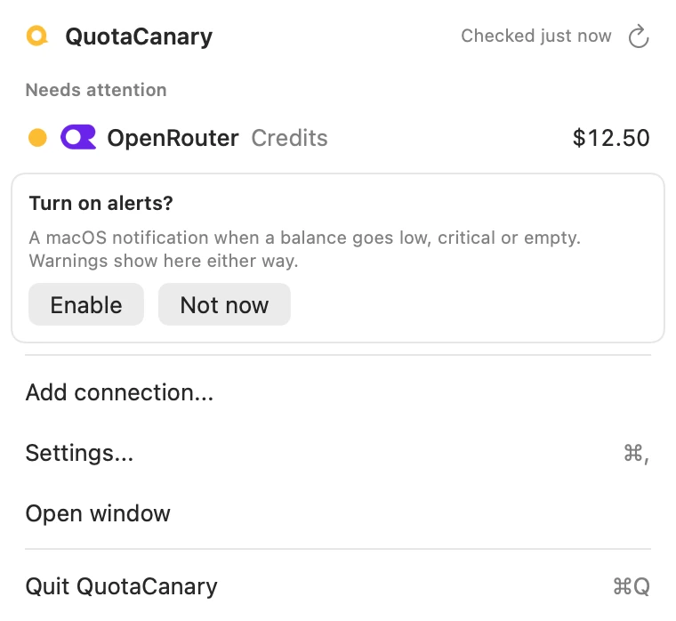 The QuotaCanary menu offering to turn on macOS notifications for low balances.