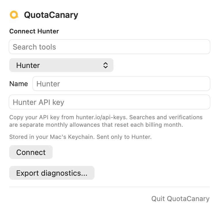 Connecting Hunter in QuotaCanary, with the note that the key is stored in the Mac's Keychain and sent only to Hunter.