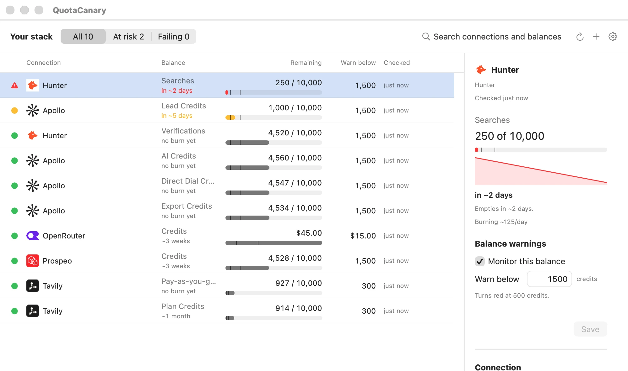 The QuotaCanary window listing balances with their remaining credits and estimated time until empty.